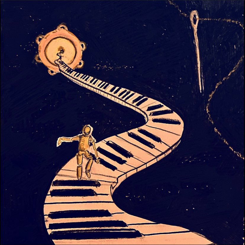 someone walking to the stars on a celestial piano